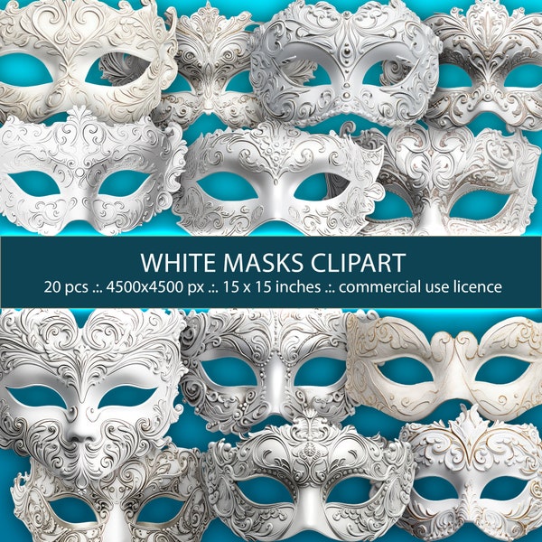 20 Png transparents - Clipart masques vénitiens blancs vintage, masque avec conception d'ornements, masque de carnaval, déguisement, yeux grands fermés