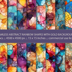 May include: 20 seamless digital paper patterns featuring abstract rainbow shapes with gold backgrounds. Each pattern is 4500 x 4500 pixels and measures 15 x 15 inches.
