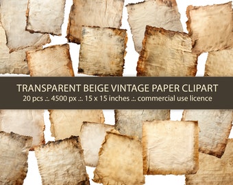 20 Transparent Beige Vintage Paper Clipart,  Digital Abstract Old Crumpled Paper Pack Background