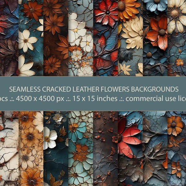 20 Seamless Cracked Vintage Leather Flowers Backgrounds, Abstract Leather Floral Pattern, Digital Paper pack, Enchanted Leather Blooms