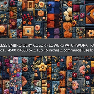 20 Seamless Boho Patchwork Pattern Quilt Linen Fabric Backgrounds, Multicolored Abstract Pattern, Digital Paper, Quilt embroidery floral