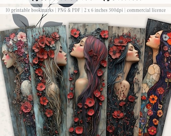 10 Digital Bookmarks Printable - Bookmark Set for Instant Download,Fantasy Woman and Flowers