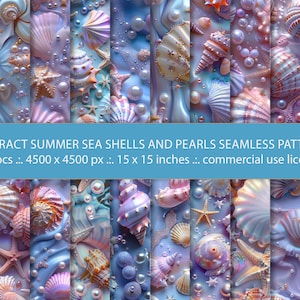 May include: 20 seamless patterns featuring iridescent seashells and pearls on a blue background. The patterns are 15 inches by 15 inches and are available for commercial use.