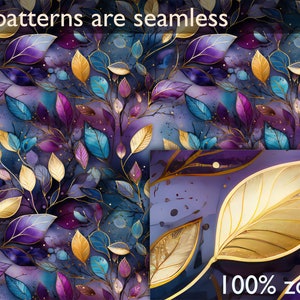 May include: Seamless pattern featuring a watercolor design of purple, blue, and gold leaves on a dark blue background. The pattern is perfect for fabric, wallpaper, or other decorative projects.