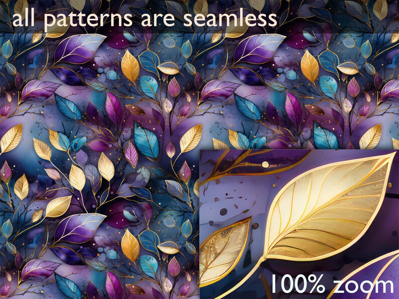 May include: Seamless pattern featuring a watercolor design of purple, blue, and gold leaves on a dark blue background. The pattern is perfect for fabric, wallpaper, or other decorative projects.