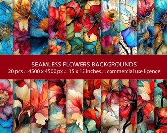 Abstract Floral Wallpaper Seamless Patterns - Vibrant Leaves Flowers and Fluid Lines - Graphic Designs, Wall Decor, Invitations - Set of 20