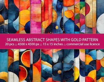 Modern Abstract Circles Wall Art, Gold Navy Red Large Canvas Seamless Pattern