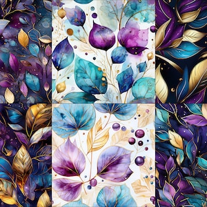 May include: A seamless pattern featuring watercolor leaves in shades of purple, blue, and gold. The leaves are arranged in a random pattern on a white background.