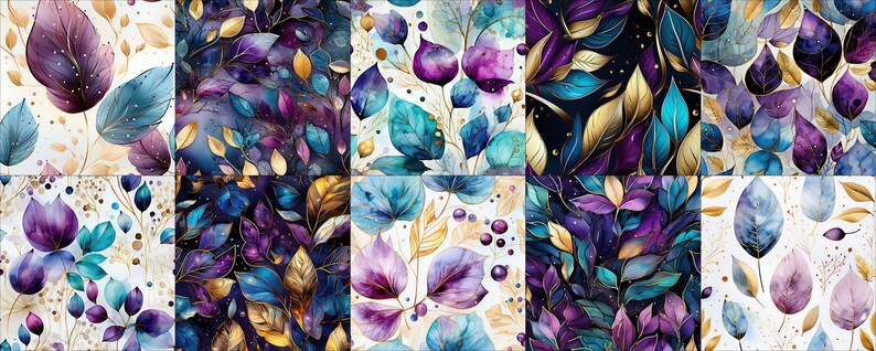 May include: A seamless pattern featuring watercolor leaves in shades of purple, blue, and gold. The leaves are arranged in a random pattern on a white background.