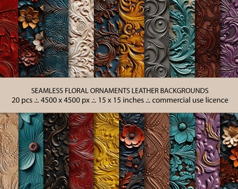May include: 20 seamless floral ornament leather backgrounds in various colours, including red, gold, teal, and purple. Each background is 4500 x 4500 pixels and measures 15 x 15 inches.  Commercial use licence included.