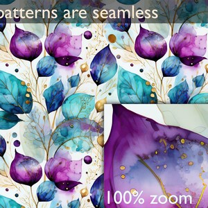 May include: Seamless watercolor pattern featuring purple and blue flowers with gold accents on a white background. The pattern is perfect for fabric, wallpaper, or other design projects.