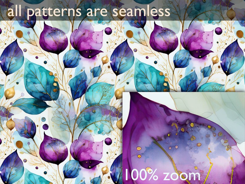 May include: Seamless watercolor pattern featuring purple and blue flowers with gold accents on a white background. The pattern is perfect for fabric, wallpaper, or other design projects.
