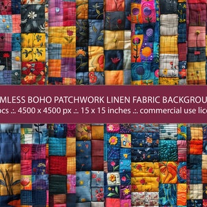 20 Seamless Boho Patchwork Pattern Quilt Linen Fabric Backgrounds, Multicolored Abstract Pattern, Digital Paper, Quilt Junk Journal