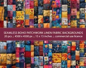 Tła z lnu w stylu boho patchwork: bezszwowe wzory na kołdry (papier cyfrowy)