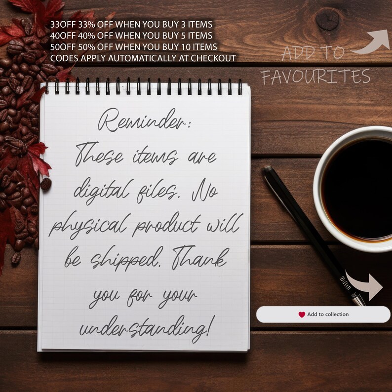 K&ouml;nnte beinhalten: Ein Notizblock mit Spiralbindung, der handschriftlichen Text enth&auml;lt: &bdquo;Erinnerung: Diese Artikel sind digitale Dateien. Es wird kein physisches Produkt versendet. Vielen Dank f&uuml;r Ihr Verst&auml;ndnis!&ldquo; Eine Tasse Kaffee und ein Stift sind ebenfalls zu sehen.
