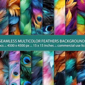 以下が含まれることがあります： さまざまなパターンでカラフルな羽根が描かれた、シームレスなデジタルペーパーの背景30点。各背景は4500 x 4500ピクセル、または15 x 15インチで、商用利用可能です。