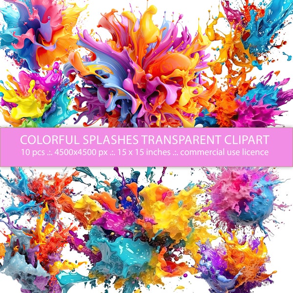 Éclaboussures de peinture colorées PNG Clipart - lot de 10 éclaboussures aquarelles transparentes - clipart png splash 3d - utilisation commerciale en téléchargement immédiat