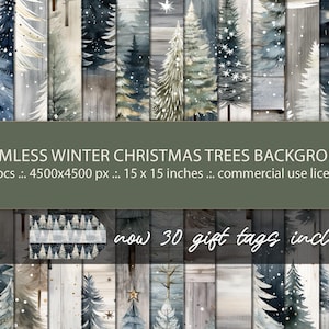 Arrière-plans de sapin de Noël d'hiver : 26 motifs argentés sans soudure + 26 étiquettes cadeaux