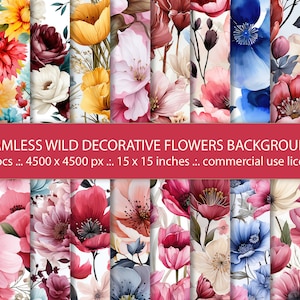 20 nahtlose wilde dekorative Aquarell Blumen Hintergrund, Sommer wilde Blumenhintergründe, bedruckbares Papier Set, Frühlingsblumenmuster