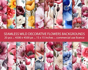 Watercolor Flower Backgrounds: 20 Seamless Wild Floral Paper Set (Digital Download)