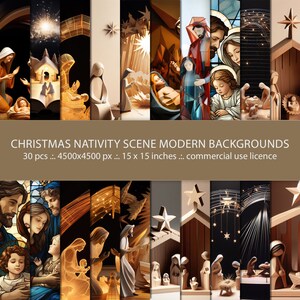 Op de afbeelding: Een verzameling moderne kerststal achtergronden. De afbeeldingen tonen verschillende afbeeldingen van de kerststal, met figuren en decors in een eigentijdse stijl. De tekst luidt "CHRISTMAS NATIVITY SCENE MODERN BACKGROUNDS".