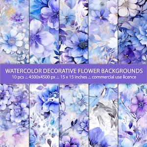 以下が含まれることがあります： 水彩画の青い花と紫の花のイラストが描かれたデジタルペーパーの背景10点。背景は15インチ×15インチで、商用利用に適しています。