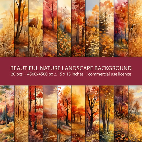 20 Beautiful Nature  Landscape Backgrounds, Decorative Watercolor Meadow Design, Autumn Trees View Backdrop, Instant Download