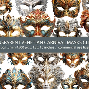 20 Transparente Venezianische Karneval Masken Clipart, Exquisite PNG Maskerade Maske Bundle für Rennstrecke, kommerzielle Nutzung - Instant Download!