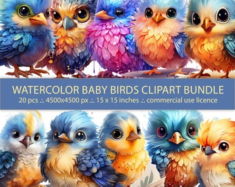 20 Watercolor Birds Clipart Bundle - Sweet 3D Baby Birds for Nursery Decor and More - Instant Download - Commercial Use