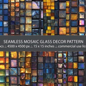 May include: A seamless pattern of colorful glass mosaic tiles. The tiles are arranged in a grid pattern and have a variety of colors, including blue, green, yellow, orange, and red. The pattern is perfect for use in a variety of design projects, such as creating backgrounds, textures, or patterns.