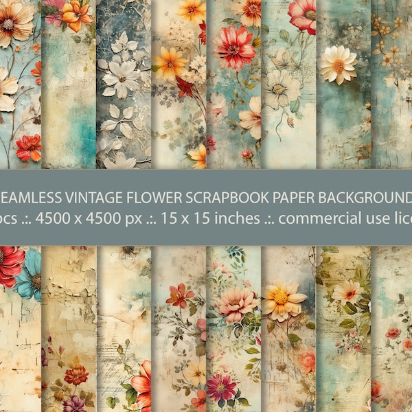 20 Seamless Vintage Flower Scrapbook Paper Backgrounds,  Seamless Pattern, Scrapbook Paper Digital, Artistic Floral Designs, Vintage Texture