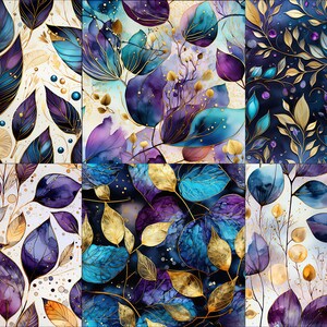 May include: A digital collage of 12 seamless patterns featuring watercolor-style leaves in shades of blue, purple, and gold. The leaves are arranged in a variety of patterns, including floral, geometric, and abstract.