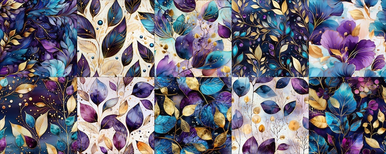 May include: A digital collage of 12 seamless patterns featuring watercolor-style leaves in shades of blue, purple, and gold. The leaves are arranged in a variety of patterns, including floral, geometric, and abstract.