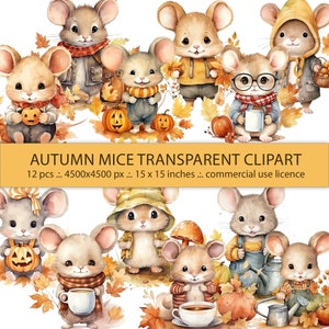12 Herbst Mäuse Clipart - Transparente Maus mit Halloween Kürbissen, Kaffeetassen, Gießkanne, Blättern - Herbst Tiere Clip Art Kommerzielle Nutzung