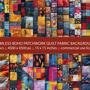 20 Seamless Boho Patchwork Quilt Linen Fabric Backgrounds, Multicolored Abstract Pattern, Digital Paper, Quilt Junk Journal, Scrapbooking