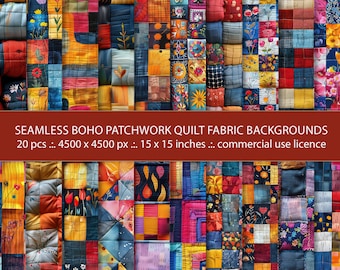 Tła z tkaniny w stylu boho patchwork: 20 bezszwowych papierów cyfrowych (15x15 cali)