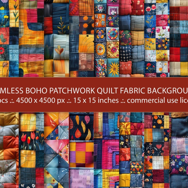 20 Seamless Boho Patchwork Quilt Linen Fabric Backgrounds, Multicolored Abstract Pattern, Digital Paper, Quilt Junk Journal, Scrapbooking