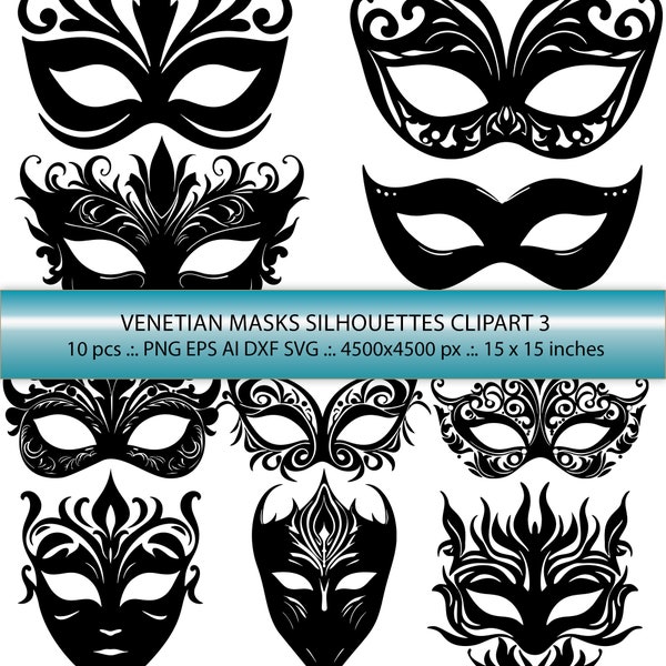 Masquerade Magic: 10 Venetian Masks Bundle in ai, eps, png, dxf, svg formats for Cricut - Carnival, Mardi Gras, and Party Delight