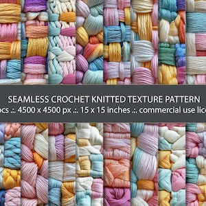 May include: A set of 20 seamless crochet knitted texture patterns in various pastel colours. Each pattern is 4500 x 4500 pixels and measures 15 x 15 inches. The patterns are perfect for use in digital and physical crafts.