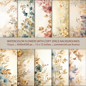 Fiori decorativi vintage ad acquerello con elementi dorati e sfondo con spazio per copiare, carta digitale - carta per scrapbooking