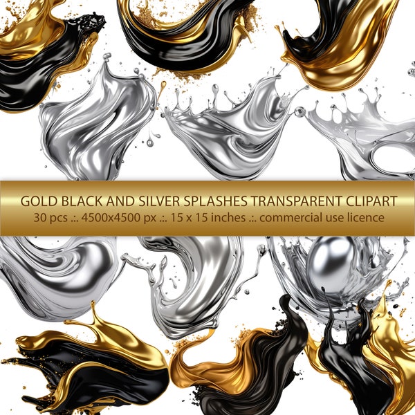30 Premium Transparent PNG Clipart - Abstract Metallic Liquid Gold Black and Silver Splash Clipart, Splatter Clipart
