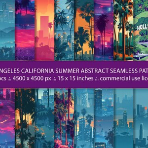 Puede incluir: 20 patrones digitales sin costuras que representan un paisaje urbano de Los Ángeles con palmeras, una puesta de sol y el letrero de Hollywood. Los patrones están en un estilo retro y abstracto con colores vibrantes.