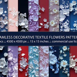 Peut inclure: Une collection de 30 motifs de papier numérique sans couture représentant des fleurs textiles blanches sur des fonds de couleurs variées. Les motifs mesurent 4500 x 4500 pixels et ont une taille de 15 x 15 pouces. Le texte "SEAMLESS DECORATIVE TEXTILE FLOWERS PATTERNS" et "30 pcs .:. 4500 x 4500 px .:. 15 x 15 inches .:. commercial use licence" est affiché en bas de l'image.
