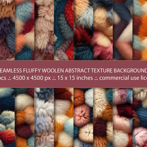 20 Seamless Fluffy Woolen Abstract Background, Soft And Shaggy Texture, Decorative Fur Design, Digital Paper Pack