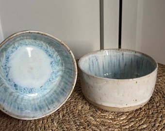 two small hand-made bowls for muesli, yoghurt etc. made of ceramic white blue
