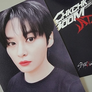 Peut inclure: Une photo en noir et blanc d'un jeune homme aux cheveux noirs. Il porte un t-shirt noir avec les mots "CHIKCHIK ZOOM" en lettres blanches et rouges. Le texte "Stray Kids" est écrit en blanc dans le coin inférieur droit de la photo.