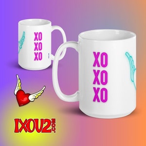 XO XO XO - turquesa e rosa, caneca de café 15 onças, xícara de chá, afirmações, coração voador, xoxo, eu te amo, eu também te xo, amor próprio, ixou2