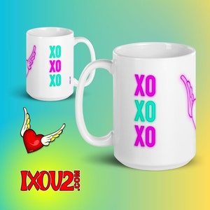 XO XO XO - rosa e turquesa, caneca de café 15 onças, xícara de chá, afirmações, coração voador, xoxo, eu te amo, eu também te xo, amor próprio, ixou2