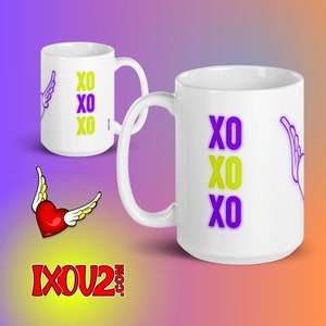 XO XO XO - Roxo e amarelo, caneca de café 15 onças, xícara de chá, afirmações, coração voador, xoxo, eu te amo, eu também te xo, amor próprio, ixou2