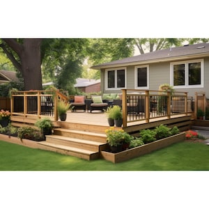 May include: A wooden deck with black railings and steps leading down to a grassy area. There are potted plants and flowers around the deck, and a house in the background.